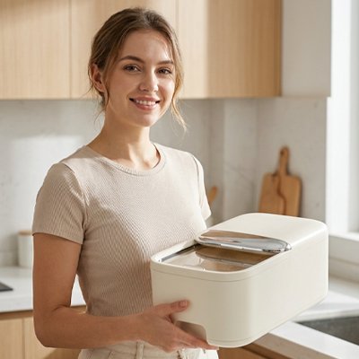 Femme avec boite de conservation alimentaire 