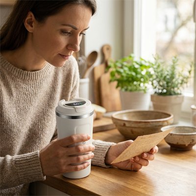 Femme boit son café dans le Mug isotherme blanc