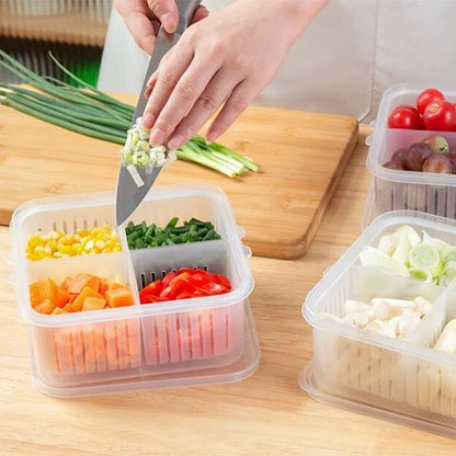 Femme qui coupe des échalottes et les met dans le rangement frigo