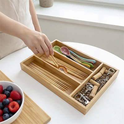 Femme qui met les ustensiles dans le range couvert sur le comptoir