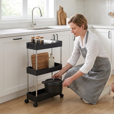 Femme place des produits dans la desserte a roulettes
