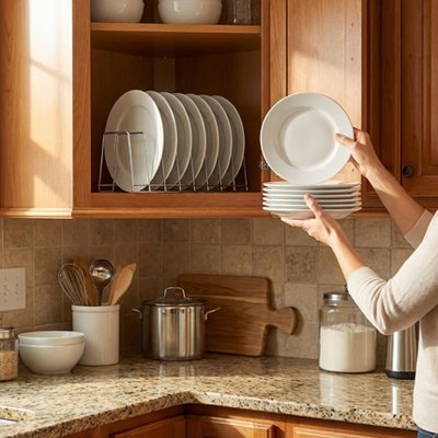 Femme qui place une assiette dans l'organisateur cuisine 