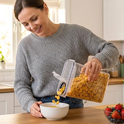 Femme qui se prend des céréales dans la boite de conservation alimentaire