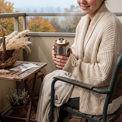 Femme qui boit dans son Mug isotherme assise sur une chaise 