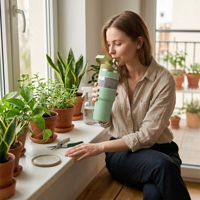 Femme qui boit dans son Mug isotherme vert