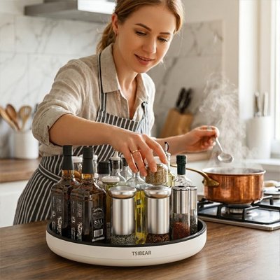 Femme qui cuisine et prend des épices dans le plateau tournant​ 