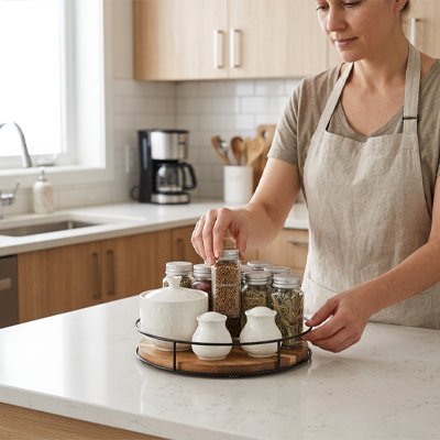 Femme qui met un pot à épice dans le plateau tournant​ 