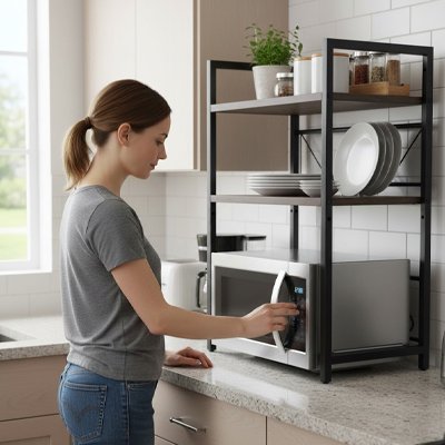 Femme qui ouvre la porte du micro ondes sur l'etagere pour micro onde