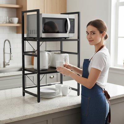 Femme qui place des couverts sur l'etagere pour micro ondes
