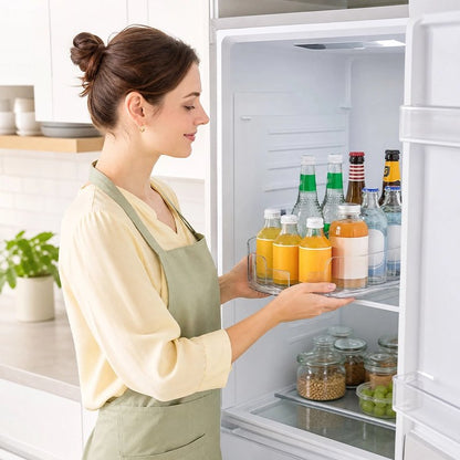 Femme qui place Organisateur frigo rempli dans le frigo