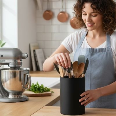 Femme qui place ustensiles dans pot ustensiles cuisine  
