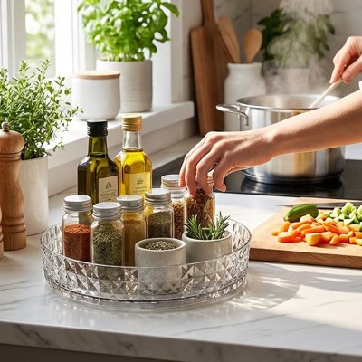 Femme qui prend un pot d'épices dans le plateau tournant en faisant la cuisine