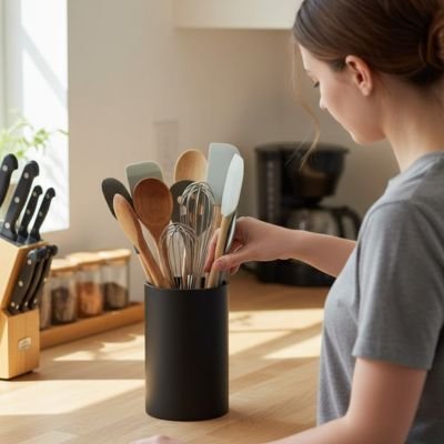 Femme qui prend un ustensile dans le pot ustensiles cuisine 