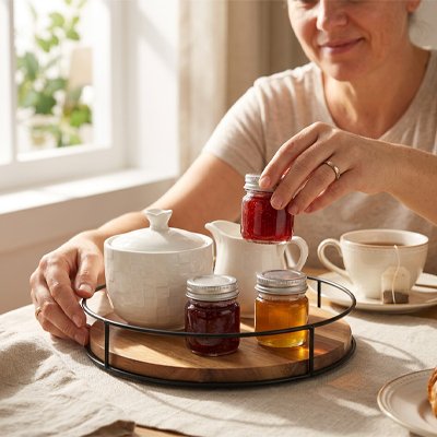 Femme qui range des épices dans le plateau tournant​ 
