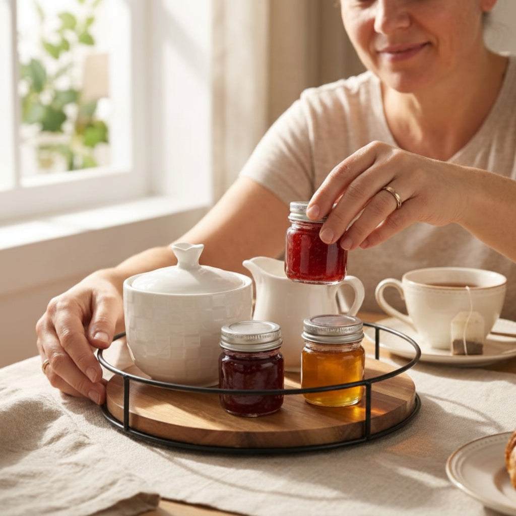 Femme qui range des pots de confiture dans le plateau tournant​ 