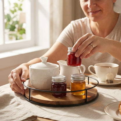Femme qui range des pots de confiture dans le plateau tournant​ 