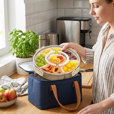 Femme qui range le plateau tournant​ dans un sac de transport
