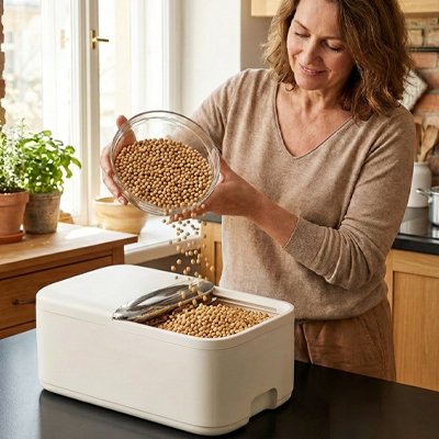 Femme qui remplie la boite de conservation alimentaire 