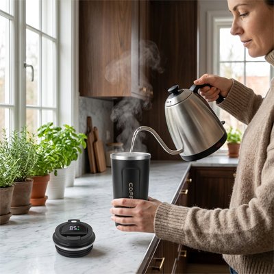 Femme qui remplie le Mug isotherme noir de café