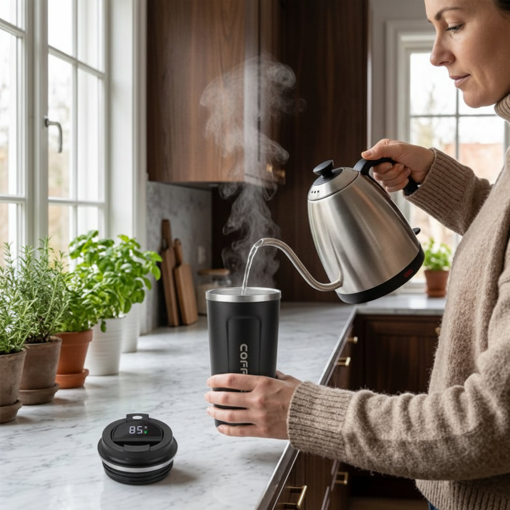 Femme qui remplie le Mug isotherme noir d'eau chaude