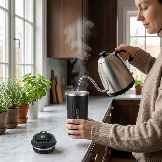 Femme qui remplie le Mug isotherme noir d'eau chaude