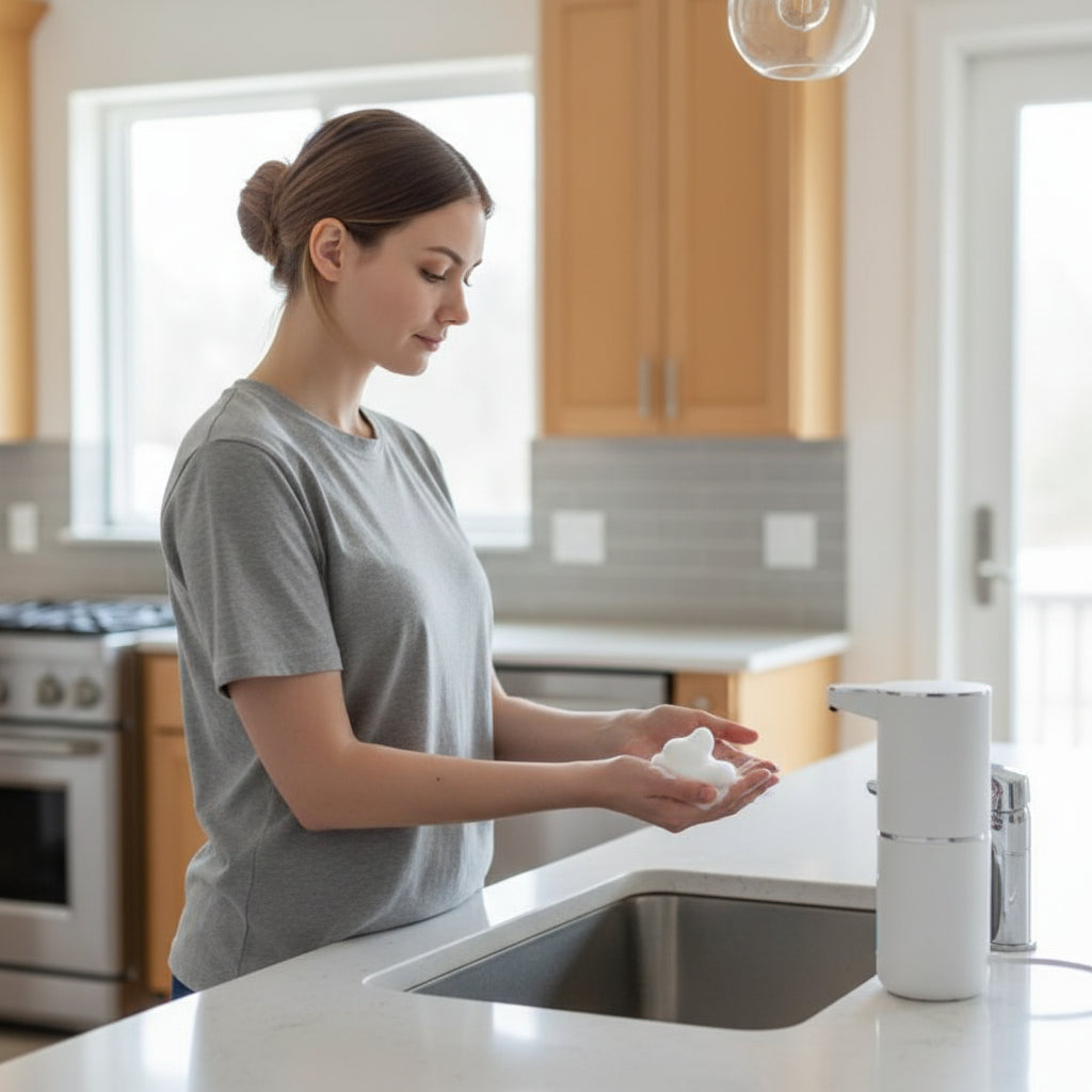 Femme qui se lave les mains avec le Distributeur de savon automatique​ 