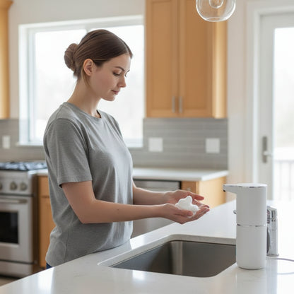 Femme qui se lave les mains avec le Distributeur de savon automatique​ 