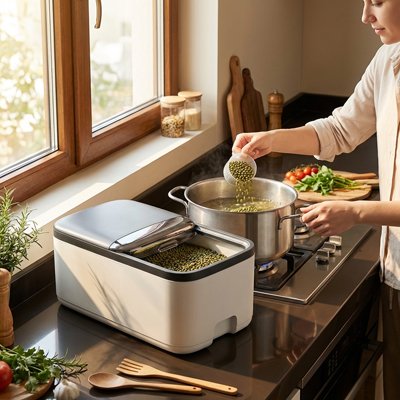 Femme qui utilise un aliment dans la boite de conservation alimentaire 