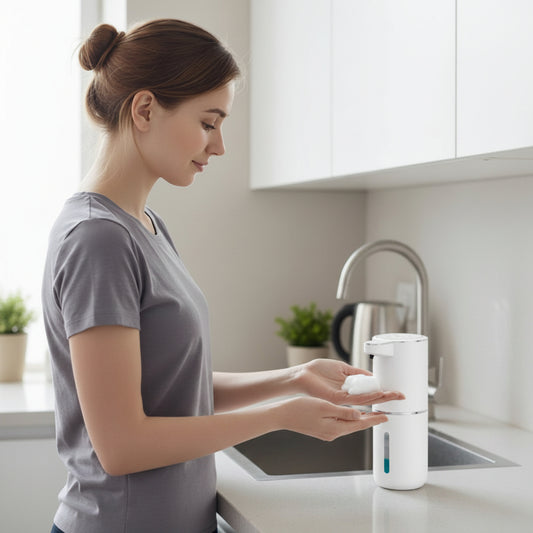 Femme qui utilise le Distributeur de savon automatique​ 