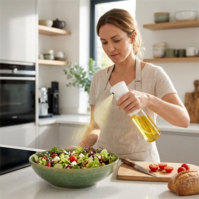 Femme qui utilise le vaporisateur huile blanc pour sa salade