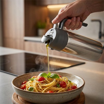 Femme qui utilise le Vaporisateur huile sur la cuisson de ses légumes