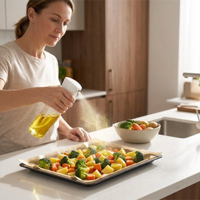 Femme qui utilise le vaporisateur huile sur une plaque avec légumes