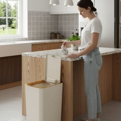 Femme qui utilise la poubelle de cuisine