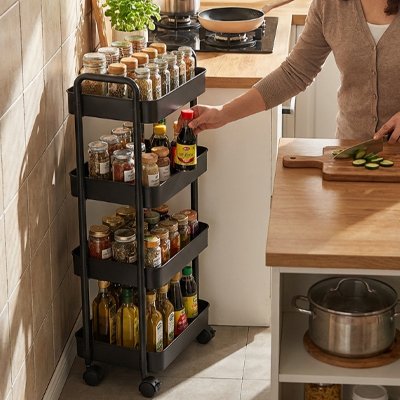 Femme qui utilise la desserte à roulettes pour cuisiner 