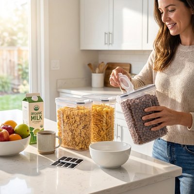 Femme utilise une boite de conservation alimentaire 