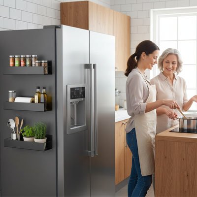 Femme cuisinent avec l'étagère à épices sur frigo