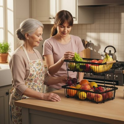 Femmes qui regardent la corbeille a fruits
