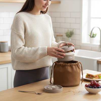 Fille qui prépare son repas dans le lunch box isotherme 