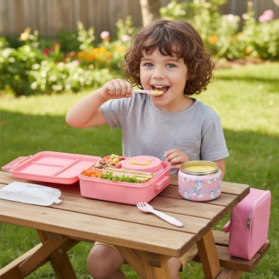 Fille qui mange dans le lunch box enfant rose