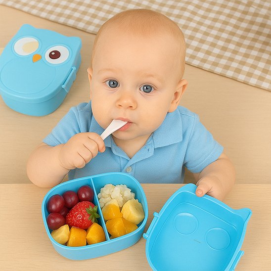 Garçon qui mange dans le lunch box enfant bleu