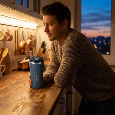 homme avec Mug isotherme bleu à la main