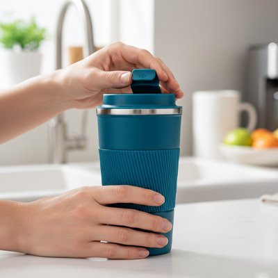 Homme ferme le Mug isotherme bleu