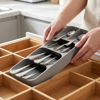 homme insere l'Organisateur tiroir Cuisine dans le tiroir avec couverts