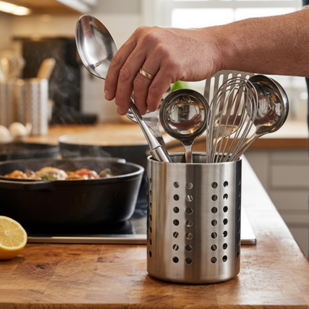 Homme prend une louche dans le Pot ustensiles Cuisine