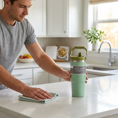 Homme qi nettoie le comptoir avec son Mug isotherme vert