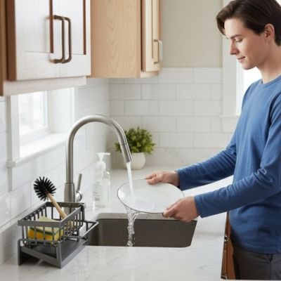 Homme qui lave une assiette avec le porte éponge à côté