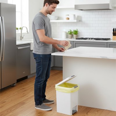 Homme qui ouvre la poubelle de cuisine 