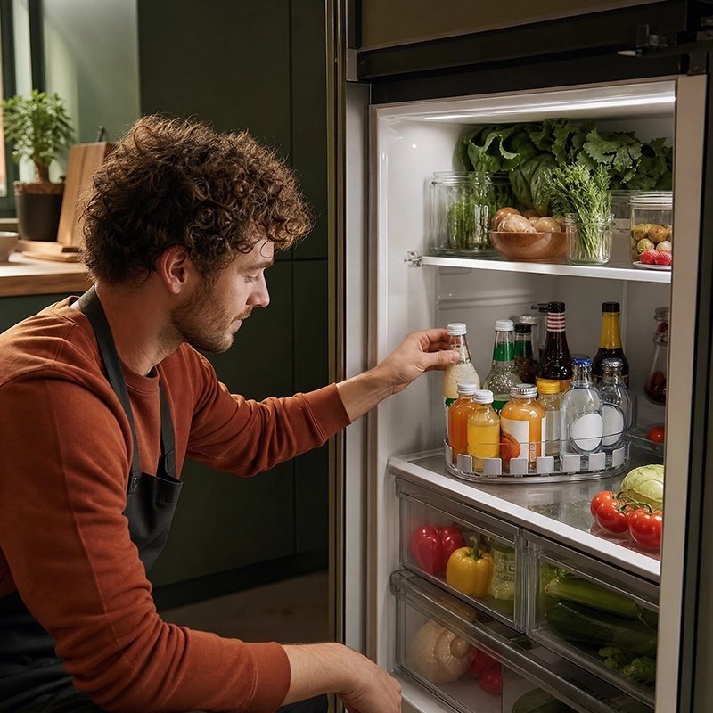 Homme qui prend une bouteille dans Organisateur frigo
