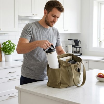 Homme qui prépare son lunch avec le Mug isotherme blanc