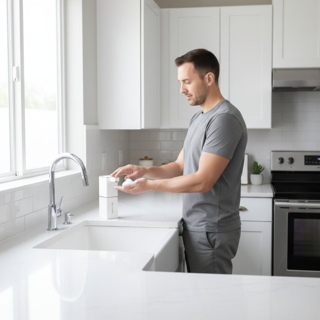 Homme qui utilise le Distributeur de savon automatique​ 